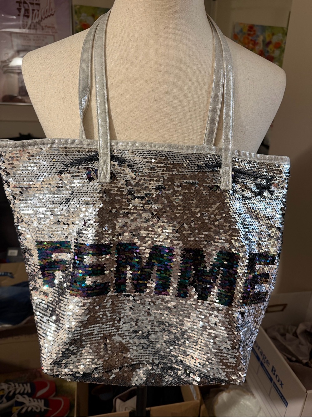 NEW Silver Sequin Large Tote Shopper Shoulder Bag Lightweight Glam